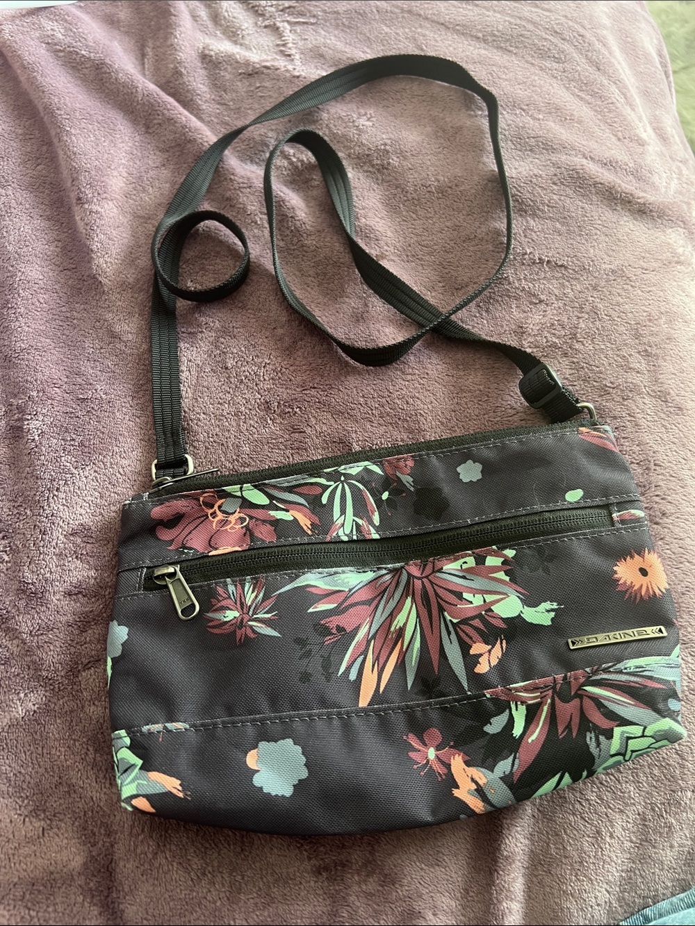 Dakine Black Floral Crossbody with Mint & Coral Accents